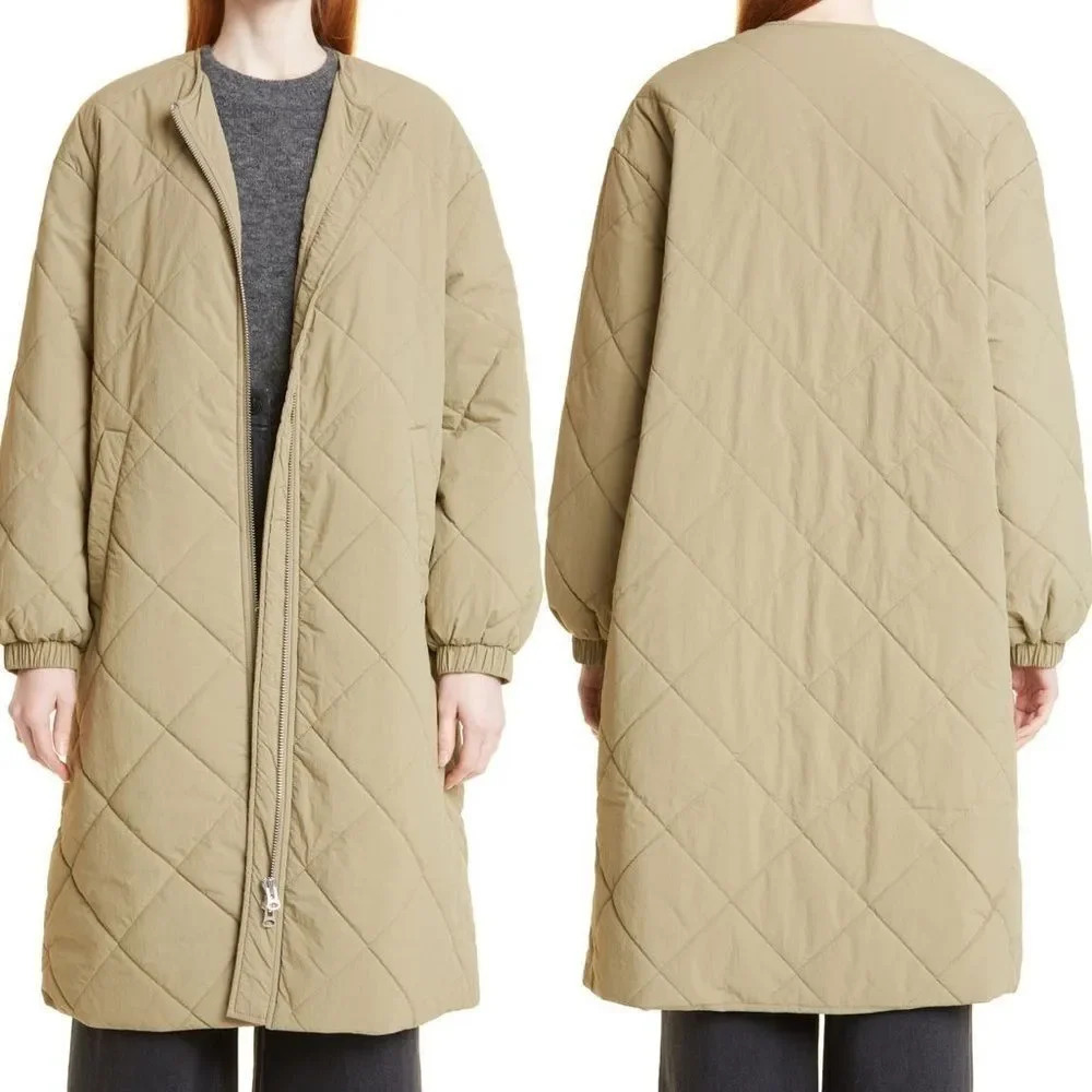 SAMSOE SAMSOE Nancy Quilted Collarless Coat Covert‎ Green Size XL
